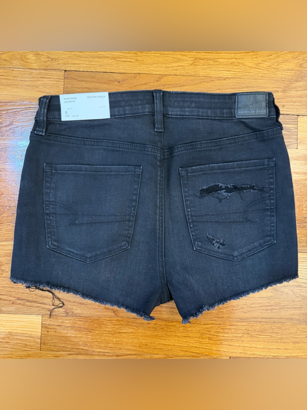 American Eagle High-Rise Shortie Black Denim Distressed Jean Shorts - Size 8 NWT - Picture 7 of 9